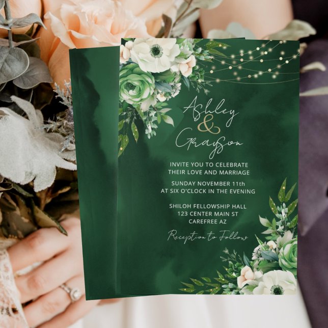 Convites Casamento Elegante Floral Emerald Green (Criador carregado)