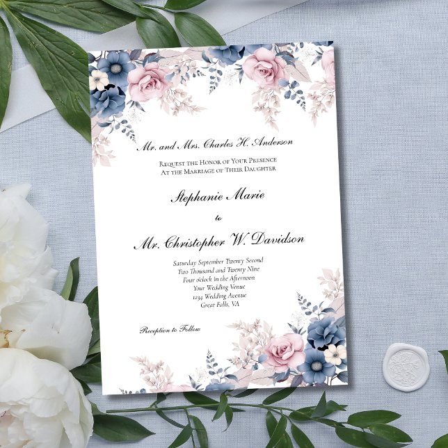 Convites Casamento Elegante Floral Floral de Cor Azul Rosa- (Dusty Blue Pink Floral Watercolor Formal Traditional Wedding Invitation)