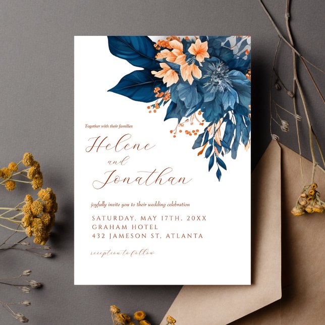 Convites Casamento Elegante Floral Floral de Laranja Azul d (Navy Blue Rust Orange Floral Elegant Wedding Invitation)