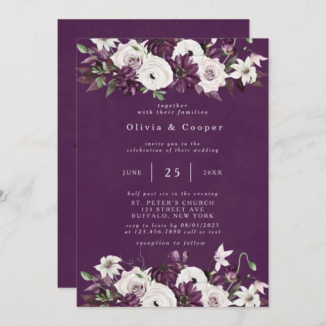 Convites Casamento Elegante Floral Floral de Plum e White W (Frente/Verso)