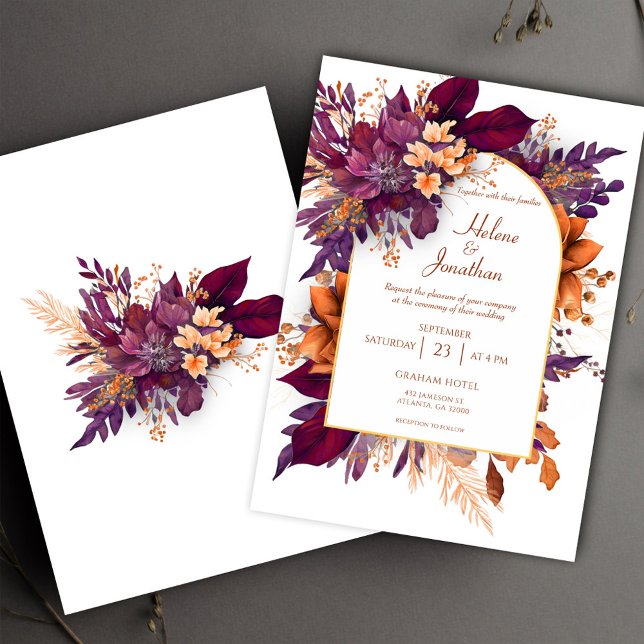 Convites Casamento Elegante Floral Floral de Terracotta Boh (Burgundy Terracotta Boho Floral Elegant Wedding Invitation)
