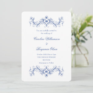 Convites Casamento Elegante Floral Francês Azul e Branco