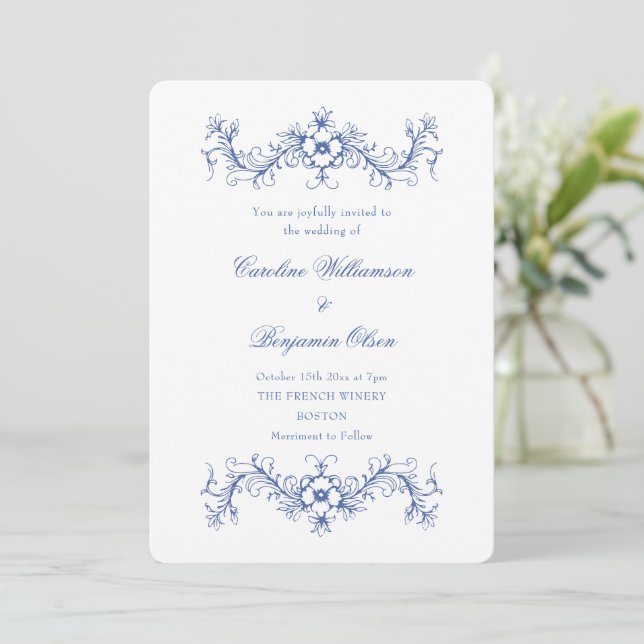 Convites Casamento Elegante Floral Francês Azul e Branco (Em pé/Frente)