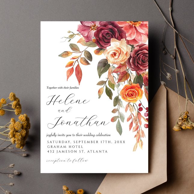 Convites Casamento Elegante Floral Laranja Burnt Burnt (Burgundy Burnt Orange Floral Elegant Wedding Invitation)