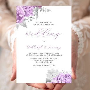 Convites Casamento Elegante Floral Lilás Script Prata