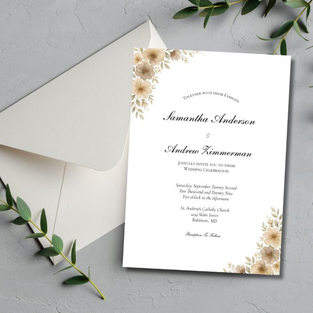 Convites Casamento Elegante Floral Neutral De Cinzas De Bei (Beige Cream Gray Neutral watercolor Florals Wedding Invitation. Boho Modern, Printed or Digital)