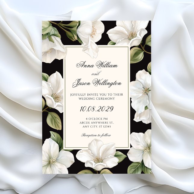Convites Casamento elegante floral preto e branco (Criador carregado)