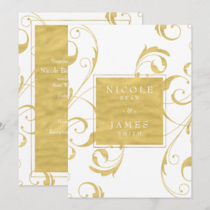 Convites Casamento Elegante Floral Redemoinho Branco e Dour