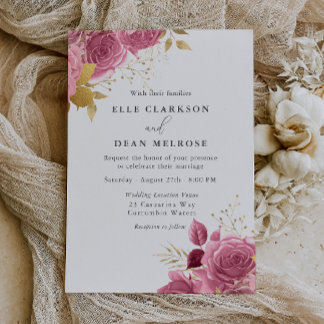 Convites Casamento Elegante Floral Rosa e Dourado