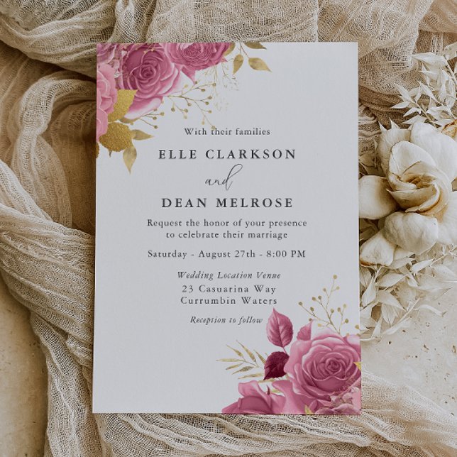 Convites Casamento Elegante Floral Rosa e Dourado (Criador carregado)