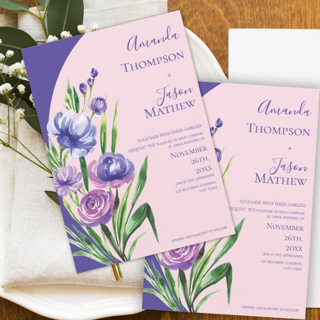 Convites Casamento Elegante Floral Rosa-Rosa-Roxo Romântico (Romantic Purple Blush Pink Floral Elegant Wedding Invitation)