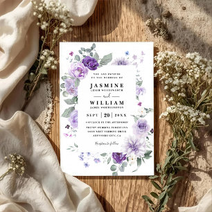 Convites Casamento Elegante Floral Roxo Rústico Código QR