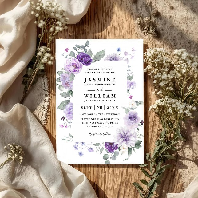 Convites Casamento Elegante Floral Roxo Rústico Código QR (Criador carregado)