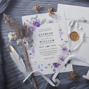 Convites Casamento Elegante Floral Roxo Rústico Moderno Chi