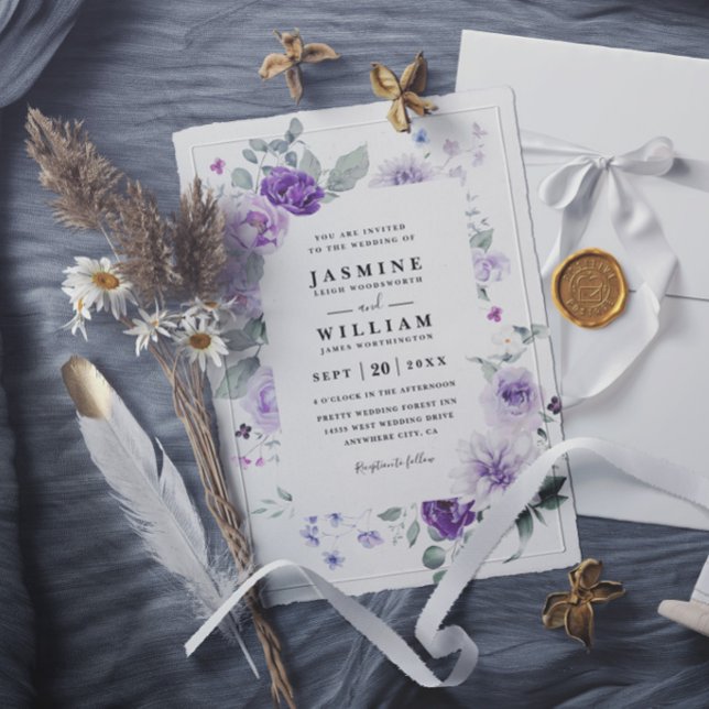 Convites Casamento Elegante Floral Roxo Rústico Moderno Chi (Criador carregado)