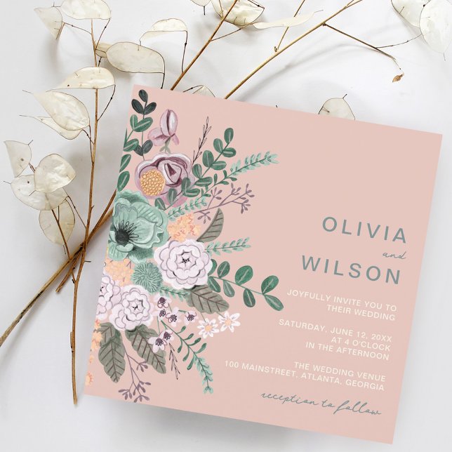 Convites Casamento Elegante Floral Rubor Quadrado (Criador carregado)