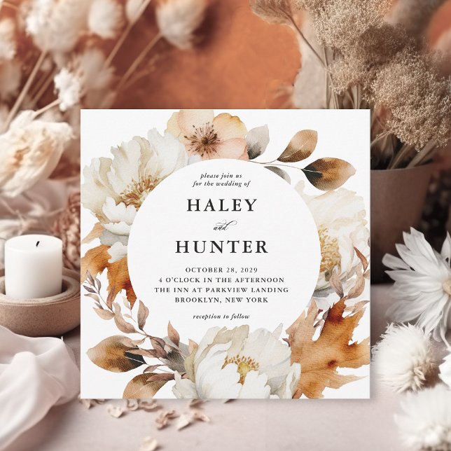 Convites Casamento Elegante Floral Rustic Fall (Luxurious fall florals in this rustic square shaped wedding invitation.)