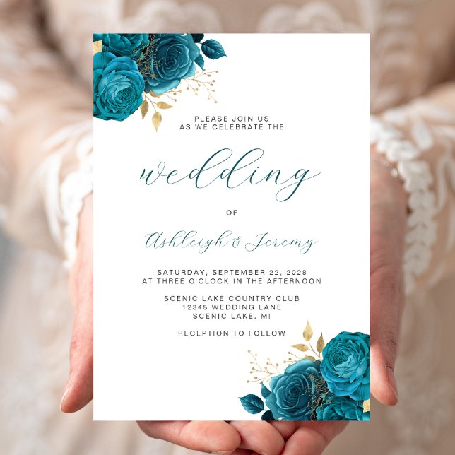 Convites Casamento Elegante Floral Turquesa Dourado Script (Criador carregado)