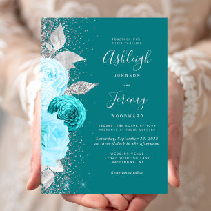 Convites Casamento Elegante Floral Turquesa Prata Brilho