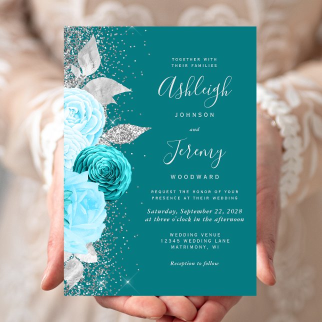 Convites Casamento Elegante Floral Turquesa Prata Brilho (Criador carregado)