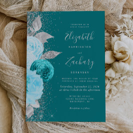 Convites Casamento Elegante Floral Turquesa Prata Brilho
