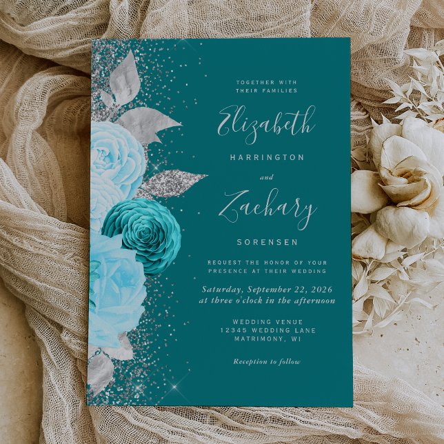 Convites Casamento Elegante Floral Turquesa Prata Brilho (An elegant choice for a floral themed wedding with a turquoise and silver color palette.)
