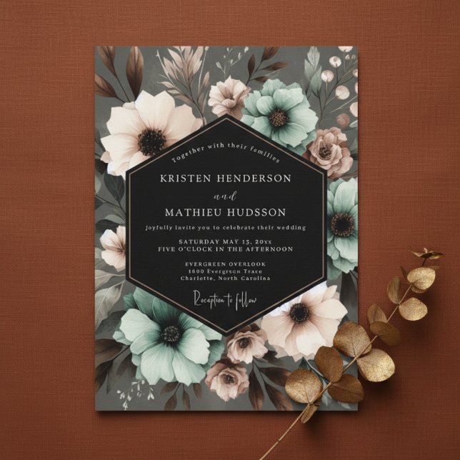 Convites Casamento Elegante Floral Turquesa Sombrio (Criador carregado)