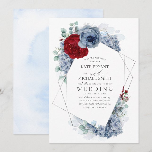 Convites Casamento Elegante Floral Vermelho Dusty Blue e Bu (Frente/Verso)