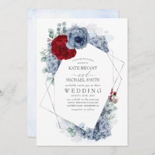 Convites Casamento Elegante Floral Vermelho Dusty Blue e Bu
