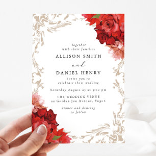 Convites Casamento Elegante Floral Vermelho Romântico Vinta