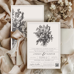 Convites Casamento Elegante Floral Vintage em Marfim Chinoi