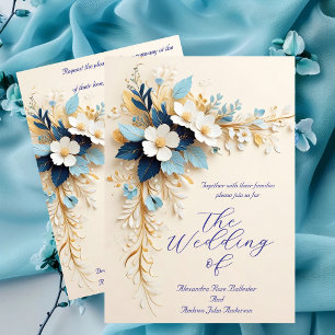 Convites Casamento Elegante Flores Azuis Brancas Creme Dour