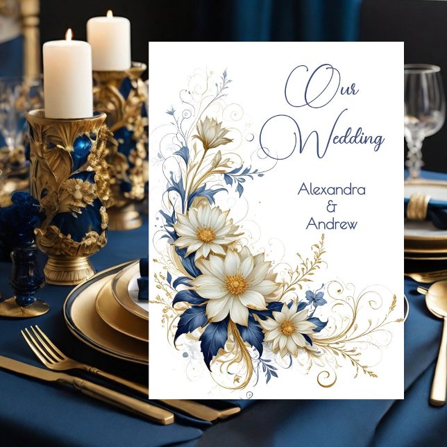 Convites Casamento Elegante Flores Azuis Brancas Douradas (Criador carregado)