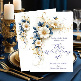 Convites Casamento Elegante Flores Azuis Reais Branco Doura