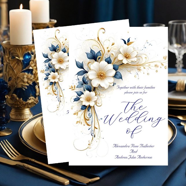 Convites Casamento Elegante Flores Azuis Reais Branco Doura (Criador carregado)