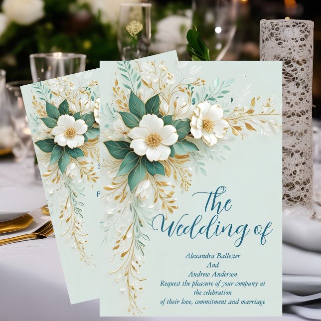 Convites Casamento Elegante Flores Azuis Verde Branco Doura (Criador carregado)