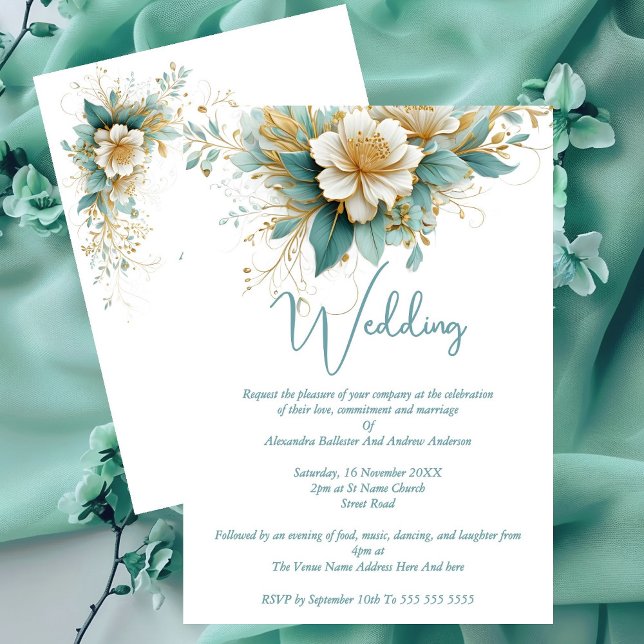 Convites Casamento Elegante Flores Azuis Verdes Brancas (Criador carregado)