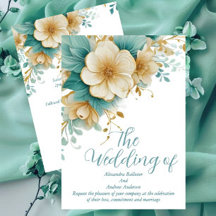 Convites Casamento Elegante Flores Azuis Verdes sobre Branc