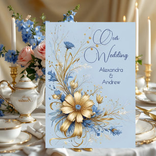 Convites Casamento Elegante Flores Azul Centáurea Dourado