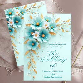 Convites Casamento Elegante Flores Azul Teal Branco Dourado