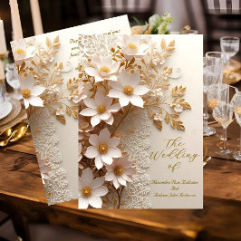 Convites Casamento Elegante Flores Brancas de Renda Dourado