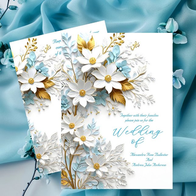 Convites Casamento Elegante Flores de Renda Azul Branco Dou (Criador carregado)