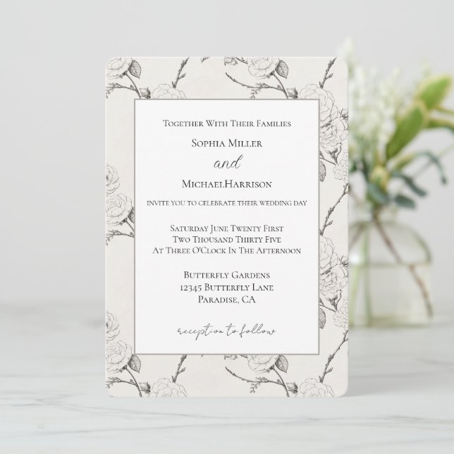 Convites Casamento Elegante Flores Outono Preto Creme (Em pé/Frente)
