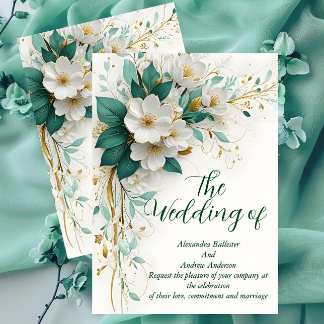Convites Casamento Elegante Flores Verde Branco Dourado (Criador carregado)
