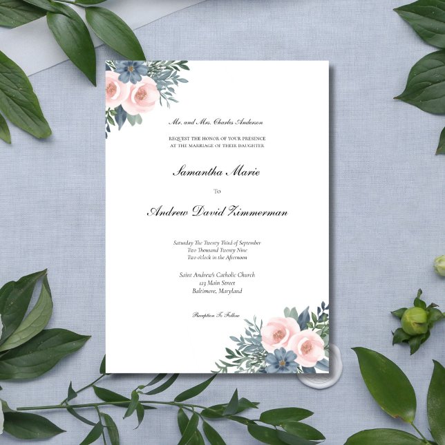 Convites Casamento Elegante Formal Azul, Cor-de-Rosa Esbran (Blush Pink Dusty Blue Watercolor Floral Elegant Wedding invitation, Printed or Digital Download)