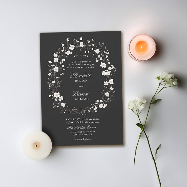 Convites Casamento Elegante Formal Branco Negro (wildflowers wedding invitation black and white formal elegant traditional calligraphy modern classic)