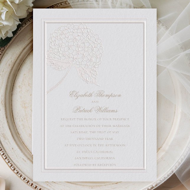 Convites Casamento Elegante Formal Clássico Moderno Hydrang (hydrangea wedding invitation formal traditional modern classic double frame ivory faux embossed)
