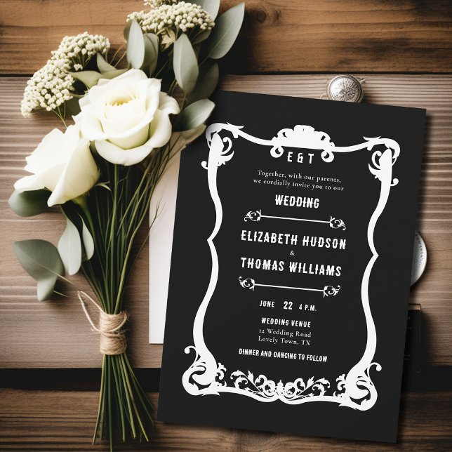 Convites Casamento Elegante Formal de Black White Western (country western black white wedding invitation vintage frame formal elegant modern ranch barn rustic)