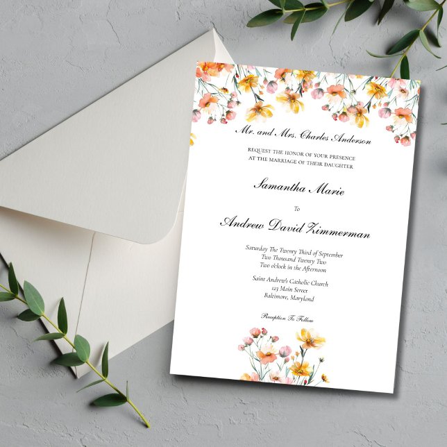 Convites Casamento Elegante Formal de Flores Amarelas Cor-d (Pink Yellow Wildflowers Wedding invitation. Formal Traditional wording. Printed or Digital download)