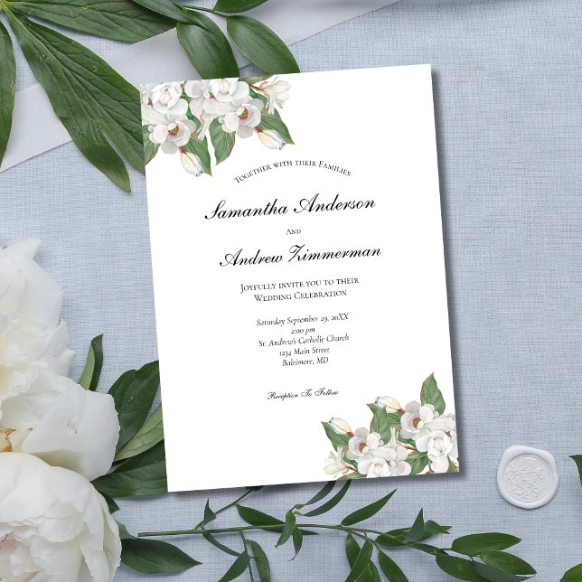 Convites Casamento Elegante Formal de Magnolias Brancas (White Magnolias Floral Flowers Greenery Elegant Wedding Invitation
)